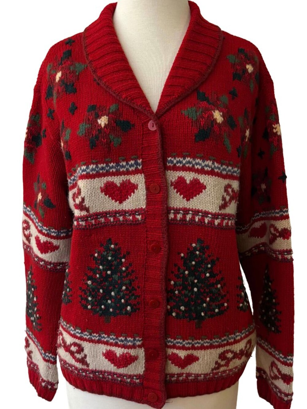 Vintage TALBOTS Hand Knit Christmas Tree  Heart Holiday Cardigan Sweater Wool M